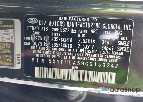 2016 Kia Sorento 3.3L Ex z USA, uszkodzony, nr VIN 5XYPHDA59GG159242